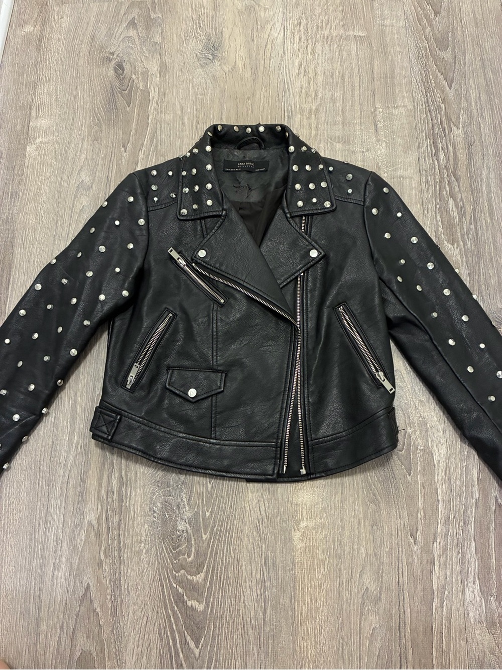 ZARA Studded Faux leather biker black jacket with skull decal women’s Medium - Picture 4 of 16